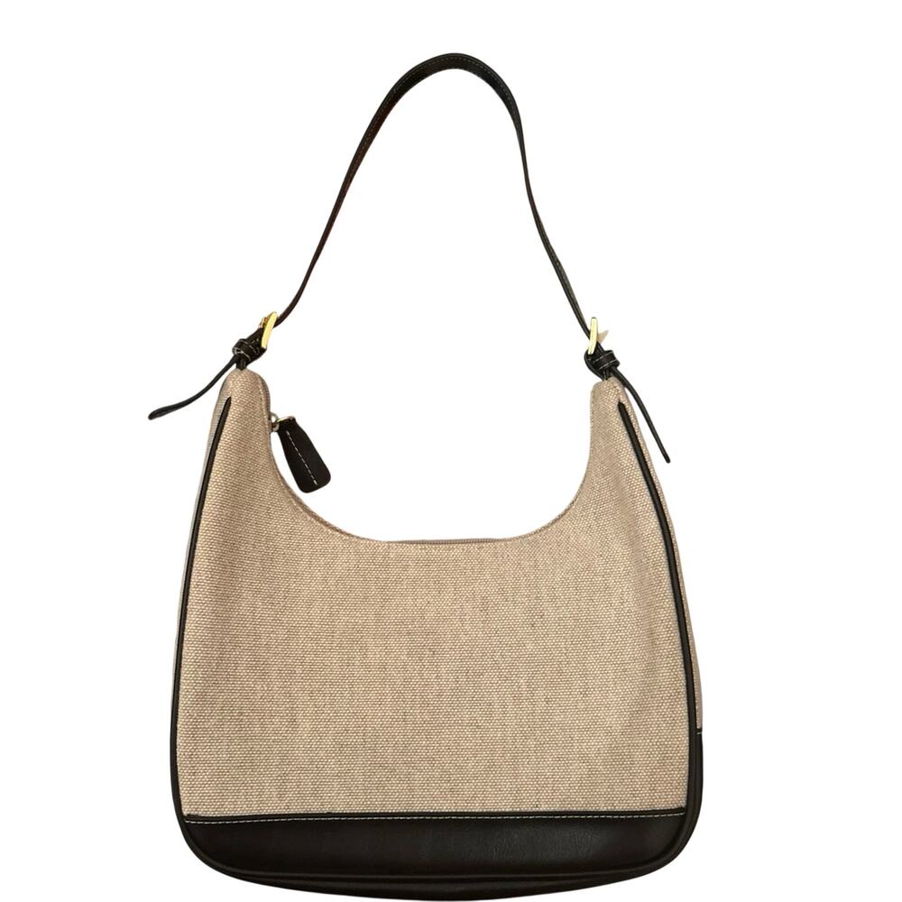 Vintage Etienne Aigner Beige Linen Hobo Shoulder Bag Leather Trim Gold Hardware